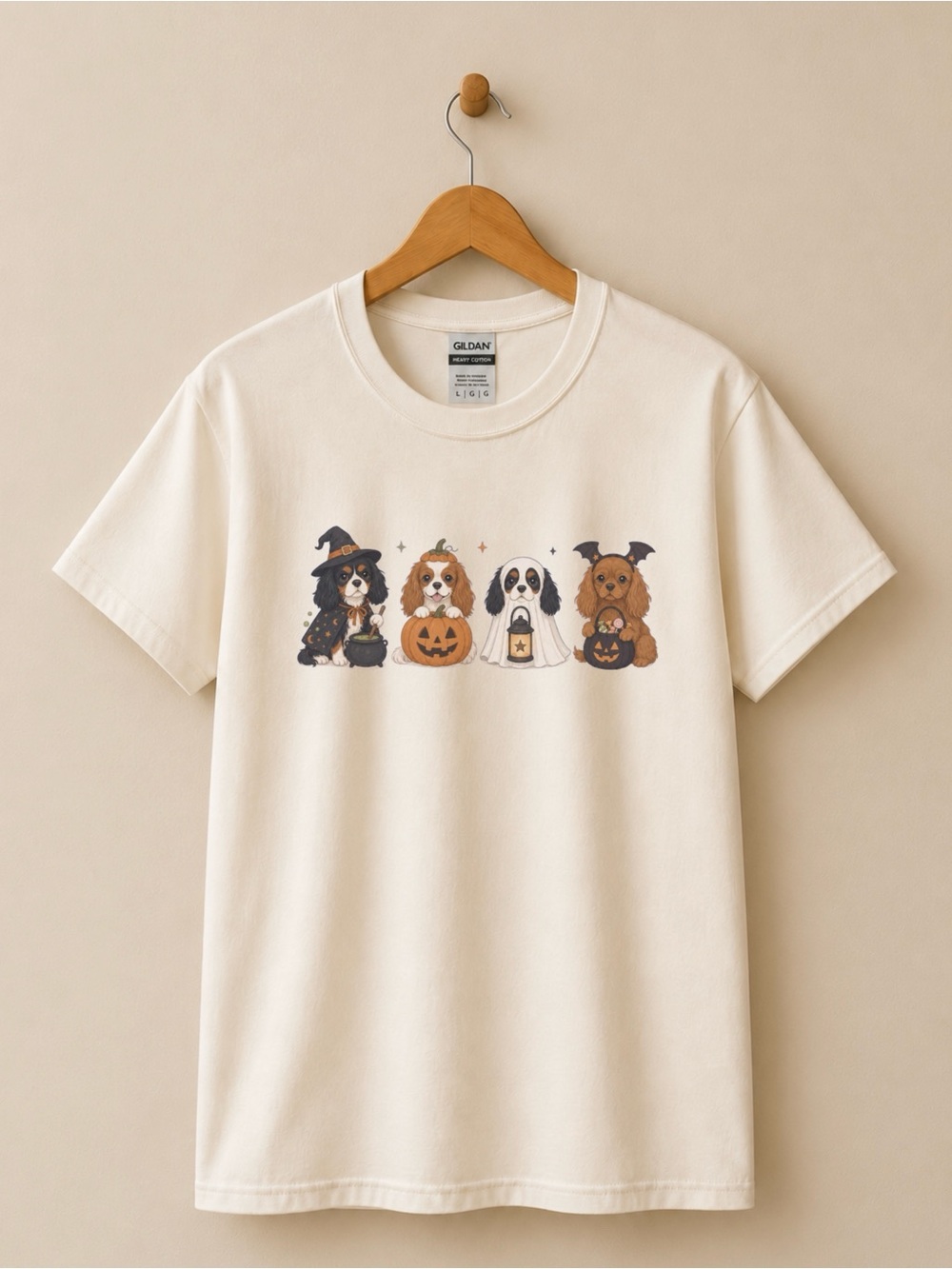 Gildan Cream T‑Shirt with Multi‑Color Halloween Dog Illustration